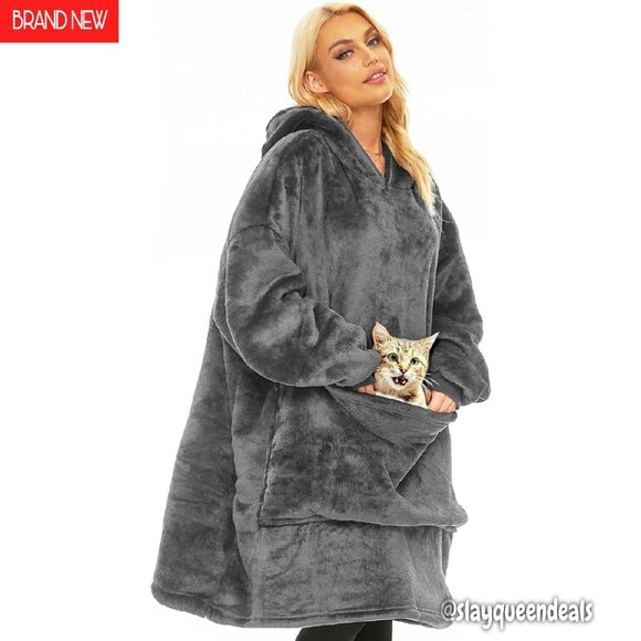 Oversized Sherpa Fleece Wearable Blanket Hoodie with Giant Pet Pocket